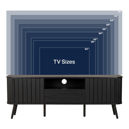 JONATHAN Y Damien 70" Mid-Century Fluted Wood TV Stand for TVs up to 75 Inch, Entertainment Center with Soft-Close Doors and Drawer, Media Console for Living Room, Black TVS1001C