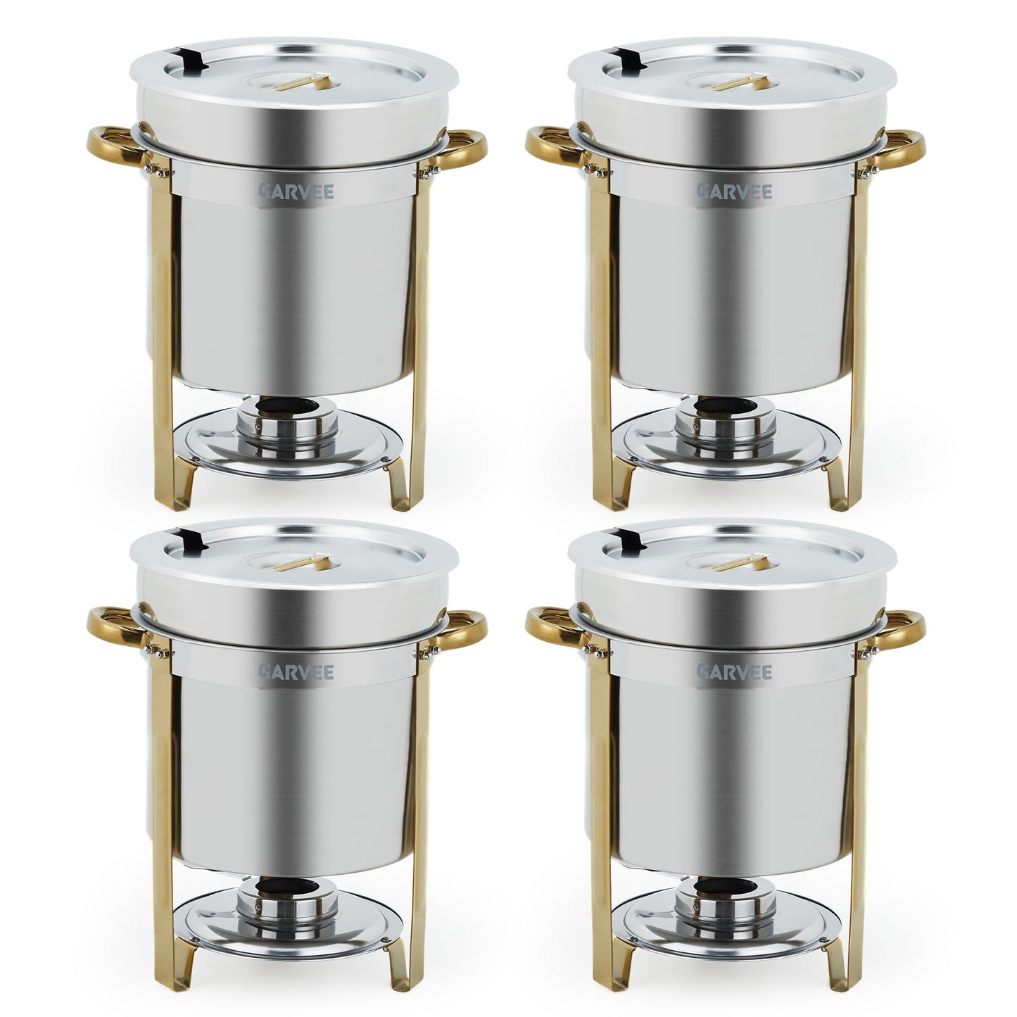 GarveeHome 11QT Round Soup Chafer Sets of 4, Commercial Soup Warmer with Pot, Notched Lids & Fuel Holders, Stainless Steel Food Warmer for Buffets Parties Wedding Banquets Catering, Gold