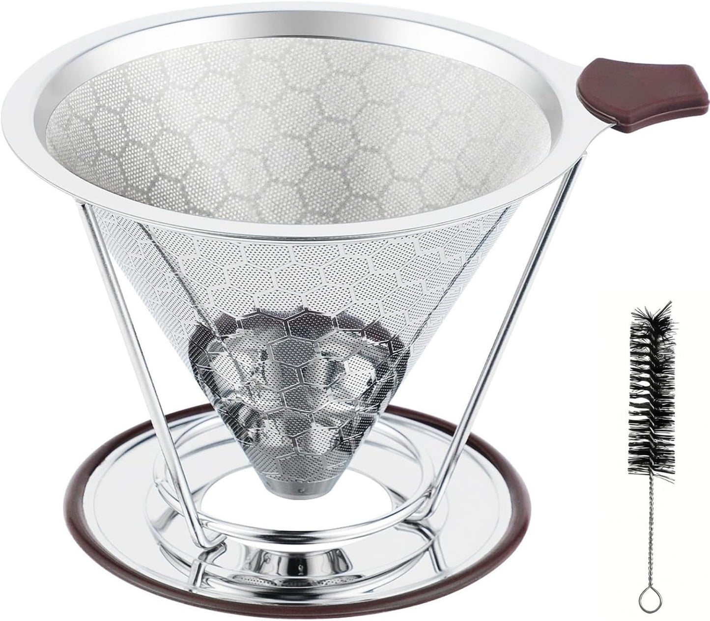 Vikuces®800 Mesh Reusable Pour Over Coffee Dripper, Metal Stainless Steel Honeycomb Filter, Paperless Cone Filter for Hario V60, Chemex and Mugs with Separate Stand, Single Cup Coffee Maker, 1-4 Cup