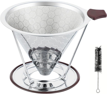 Vikuces®800 Mesh Reusable Pour Over Coffee Dripper, Metal Stainless Steel Honeycomb Filter, Paperless Cone Filter for Hario V60, Chemex and Mugs with Separate Stand, Single Cup Coffee Maker, 1-4 Cup