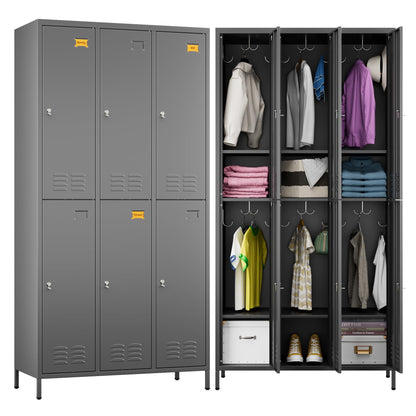 METALYEYE 6 Doors Metal Storage Lockers for Employees,Industrial Steel Storage Locker with 18 Hooks & Air Hole for Gym,School,Garage,Office,Assembly Required,Dark Gray,72''H*35.43''W*15.75''D