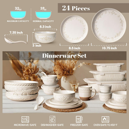 Artena Plates And Bowls Sets, 24 Pieces Dinnerware Sets, Dish Set For 6, Ceramic Kitchen Bowl And Plate Set, Embossed White Dishware Sets, Dishwasher & Microwave Safe (Damask Floral)