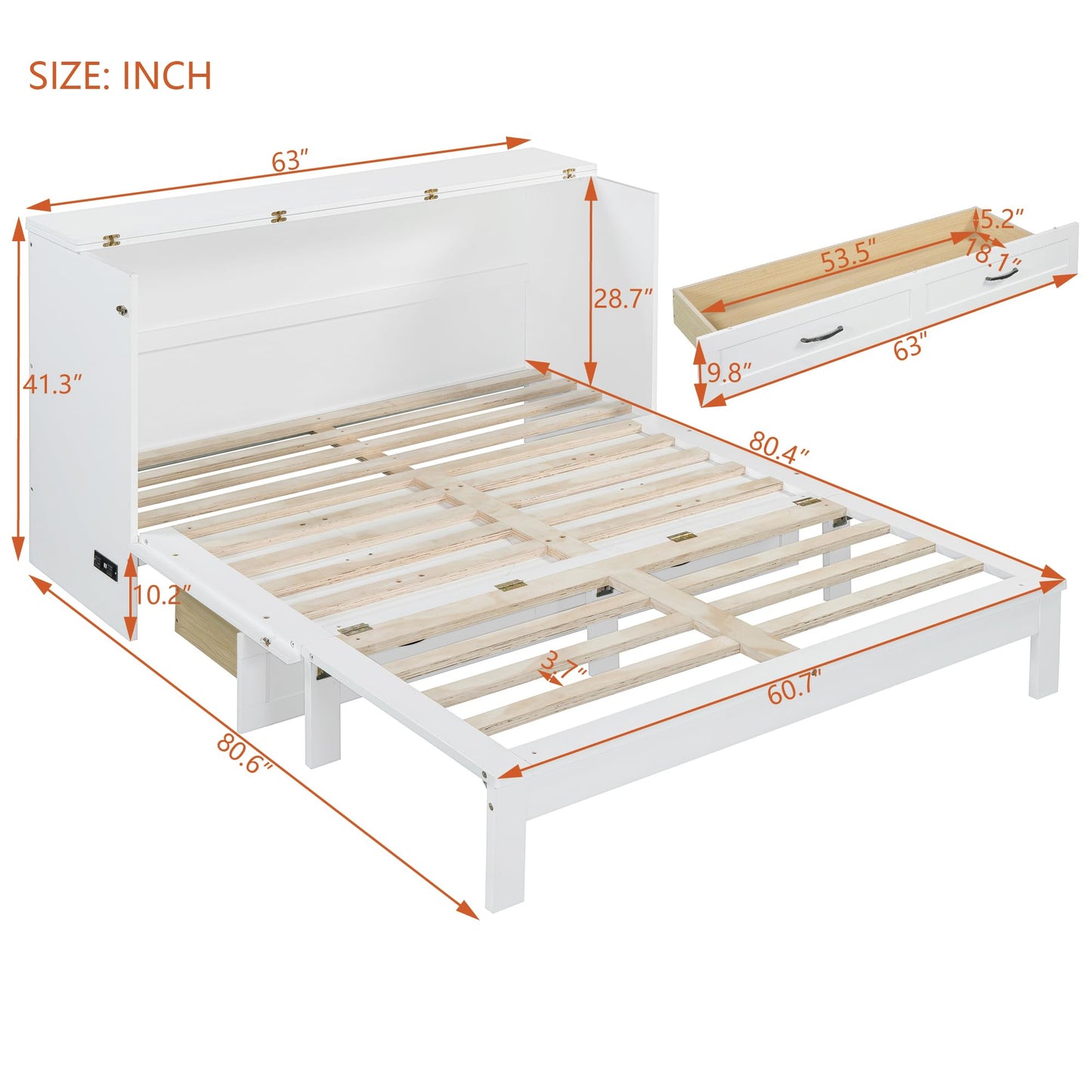 Ball & Cast Murphy Bed Queen Size Bedroom Folding Wall Cabinets Frame with Large Drawer and USB Ports,Hideaway Bed w/Tri-Fold Mattress Design,for Guest Room,Study,Office,White