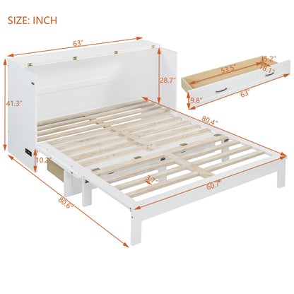Ball & Cast Murphy Bed Queen Size Bedroom Folding Wall Cabinets Frame with Large Drawer and USB Ports,Hideaway Bed w/Tri-Fold Mattress Design,for Guest Room,Study,Office,White