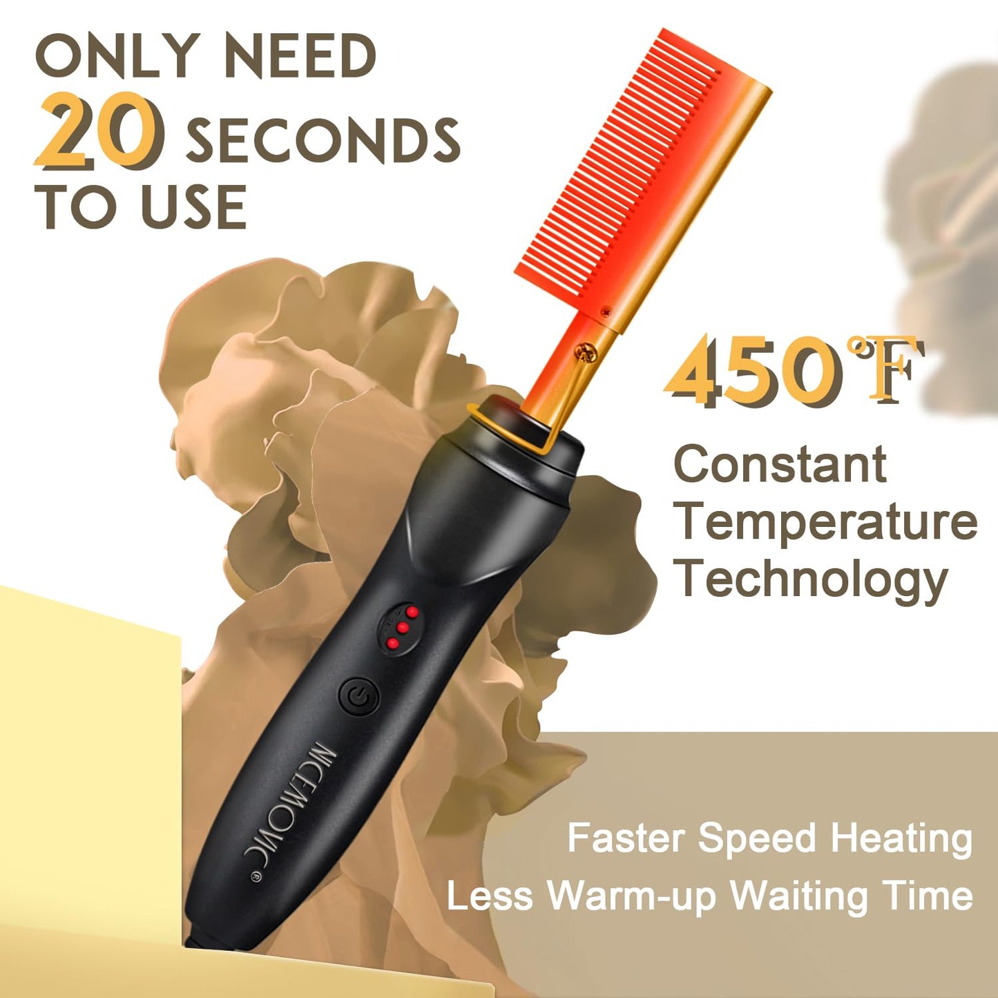 NICEMOVIC Ceramic Heating Hair Straightener Comb - Hot Pressing Brush for Natural Black Hair, Beard Wigs, and Curling (Gold)