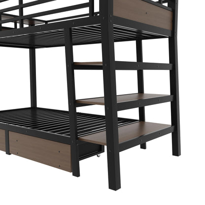 Bellemave Twin Size Bunk Bed with Storage Drawers and 3-Tier Shelves, Twin Bunk Bed with Charging Station and Lights, Heavy Duty Metal Bunk Beds for Teen, Adults