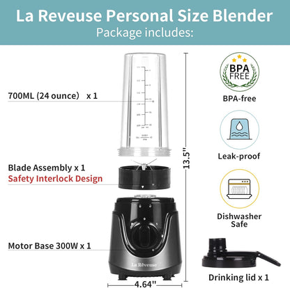 La Reveuse Personal Size Smoothies Blender, 300 Watts with 24 oz BPA-Free Portable Travel Sports Bottle (Grey)