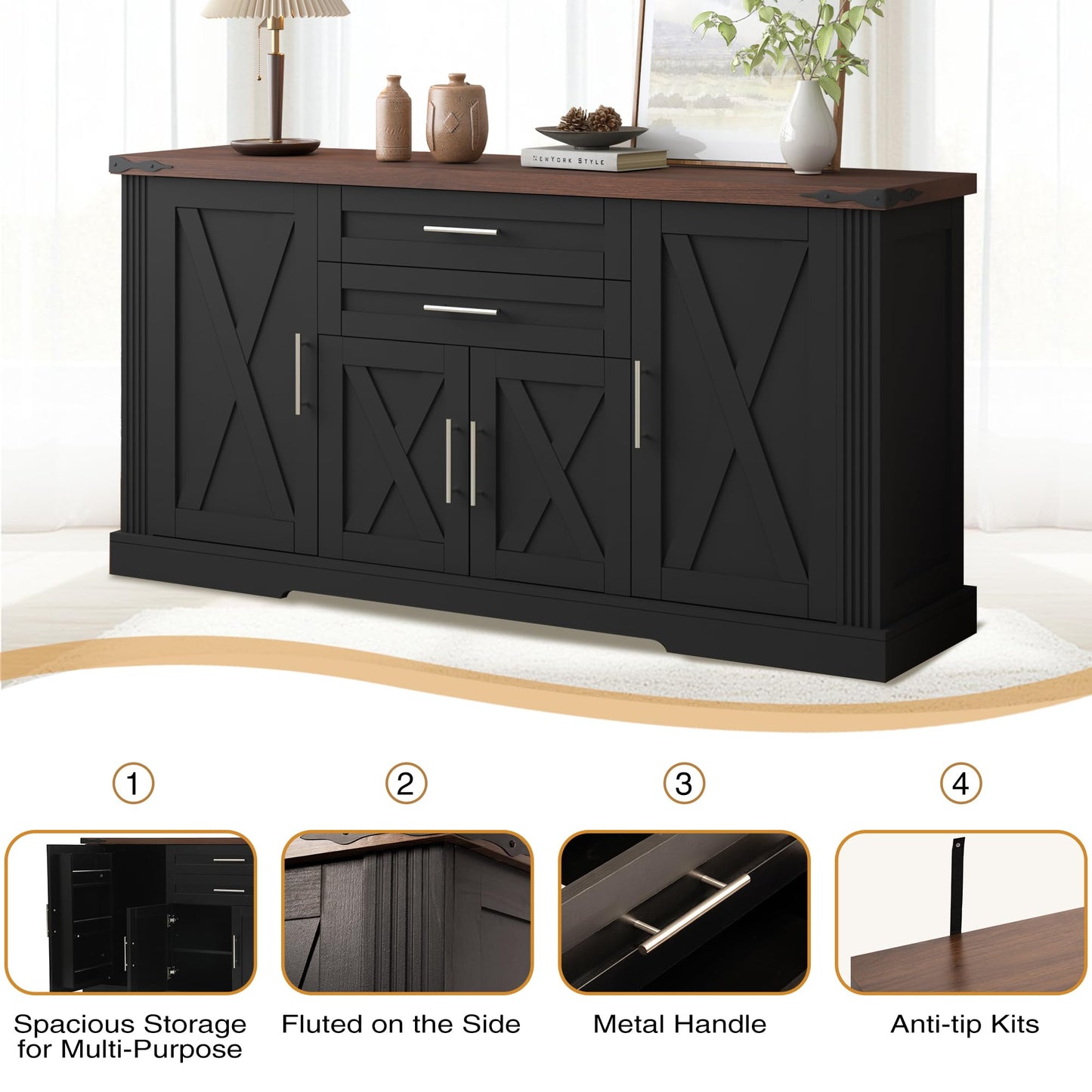 KEIKI 63" Farmhouse Barn Door Sideboard Buffet Cabinet with Storage – 2 Drawers, Adjustable Shelves, Door Rack, Kitchen Buffet, Large Sideboard Buffet Cabinet, Cabinet for Dishes, Black