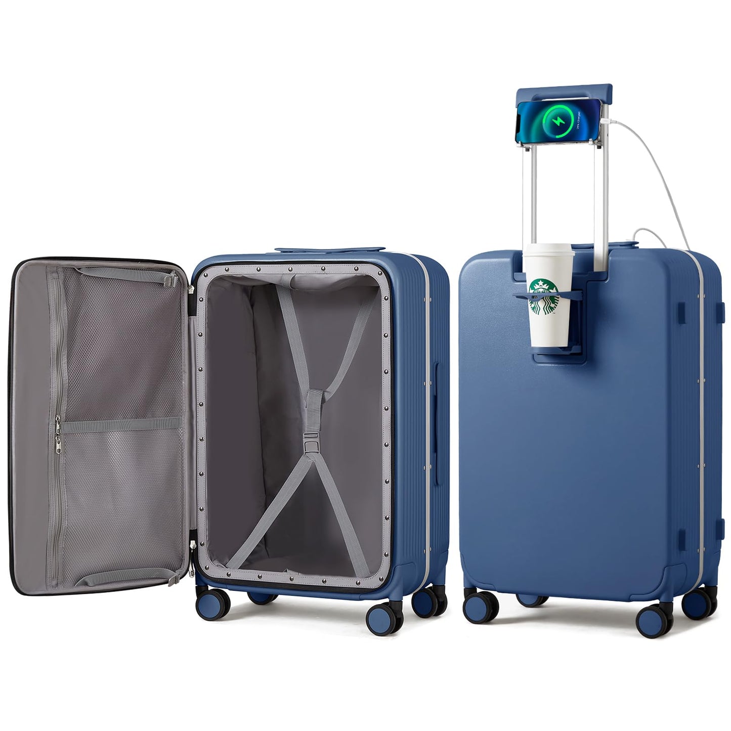 mixi Large Checked Luggage with Cup Phone Holder and Charger Hard Shell Suitcases with Spinner Wheels, 26 Inch Sapphire Blue