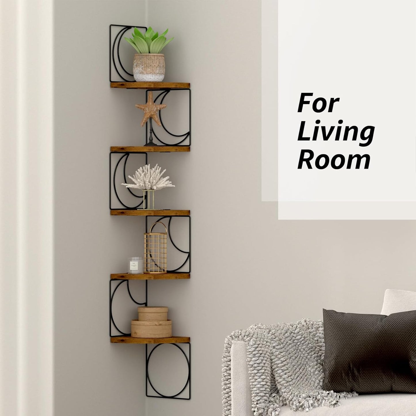5 PHAREGE Tier Moon Phase Corner Shelves Brown Black, Rustic Storage Shelves for Bedroom Kitchen Bathroom Living Room