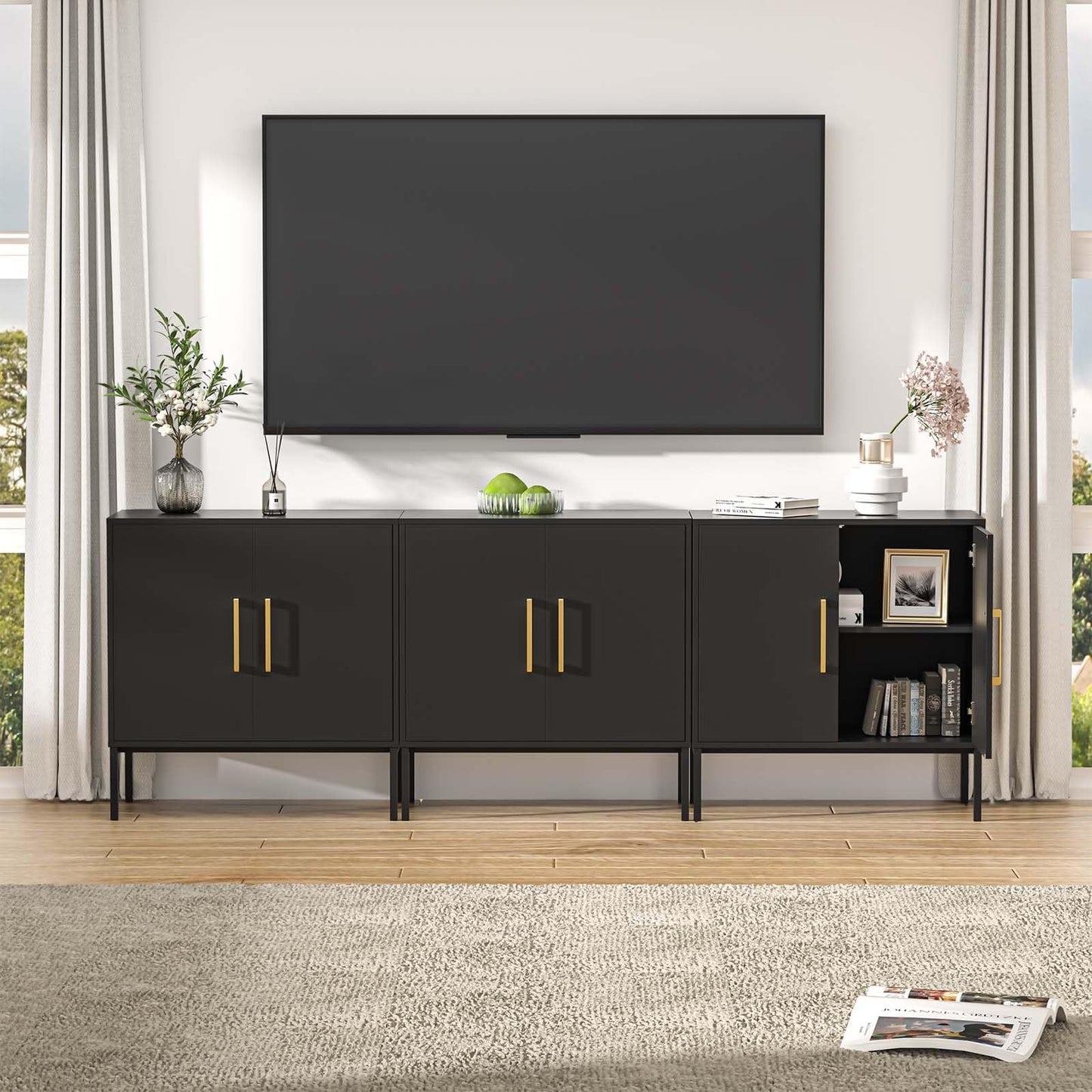 LYNSOM Storage Cabinet with Doors, Set of 3, Modern Buffet Cabinet with Storage, Kitchen Sideboard Buffet, Black Wood Accent Cabinet for Living Room, Bedroom, Hallway, Entryway, Office, Black