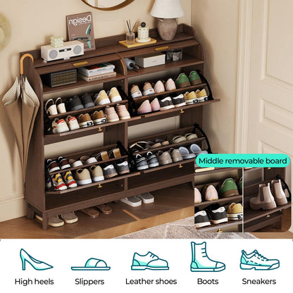LINSY Shoe Storage Cabinet, Rattan Shoe Cabinet Flip Drawer Shoes Rack Cabinet with Sliding Tambour Door, Large Shoe Cabinets Mid Century Modern Hidden Shoe Storage Organizer for Entryway, Walnut