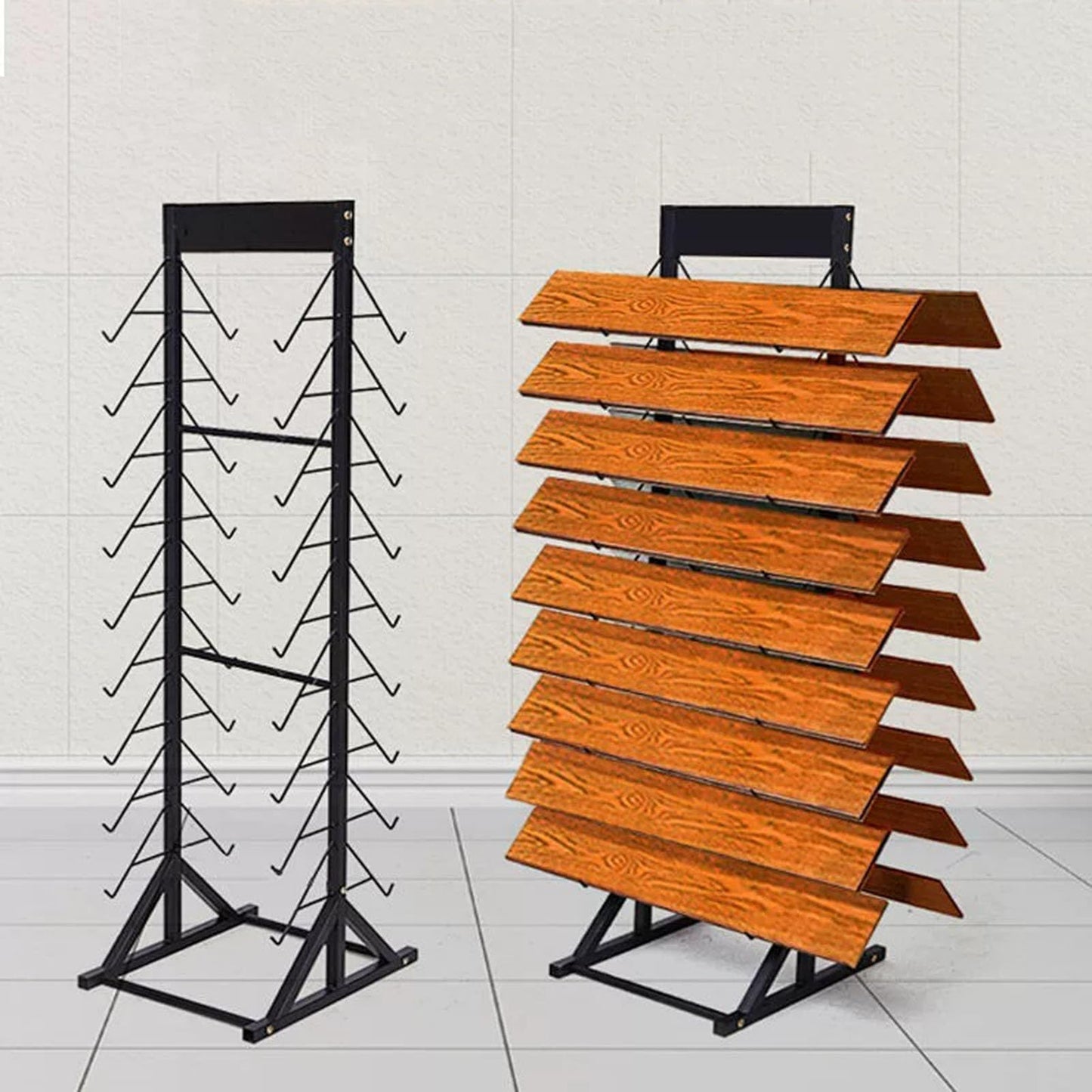 KOMFGT Metal Ceramic Tile Retail Display Rack,Wooden Floor Sample Holder Skirting Standing Slotted Flooring Display Shelf,Aluminum Gusset Skirting Sample Holder(Double-Sided18Pcs(Hookl305Mm))