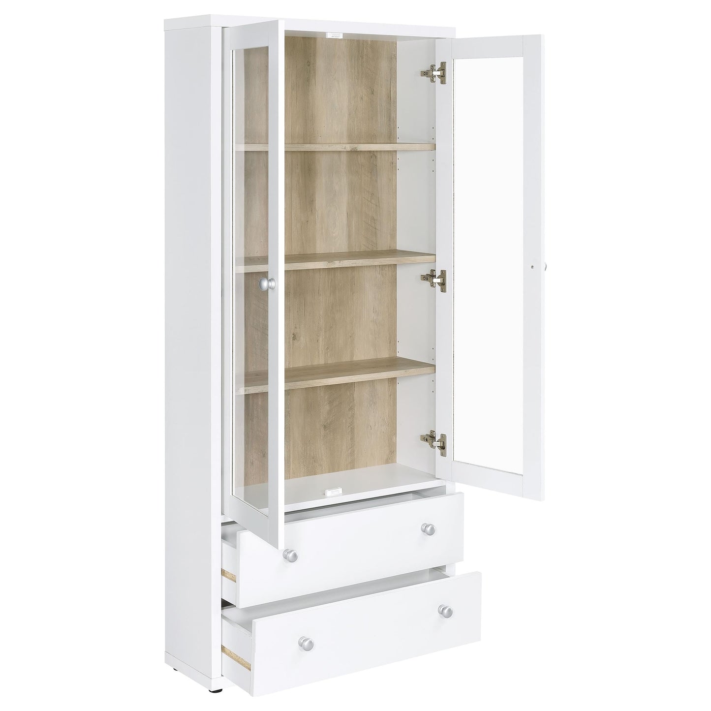 Coaster Home Furnishings - Hawthorne - 4-Shelf Tall Wood Accent Cabinet with Glass Doors, Drawers - Farmhouse Style - Living Room, Entryway & Home Kitchen - White - 953477