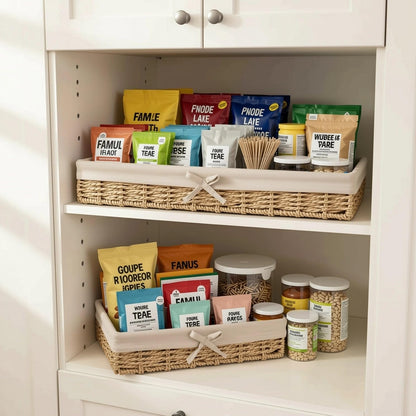 Shallow Storage Baskets for Shelves, Set of 4 Lined Wicker Baskets for Organizing, Khaki Paper Rope Shelf Storage Bins for Pantry, Closet, Bathroom