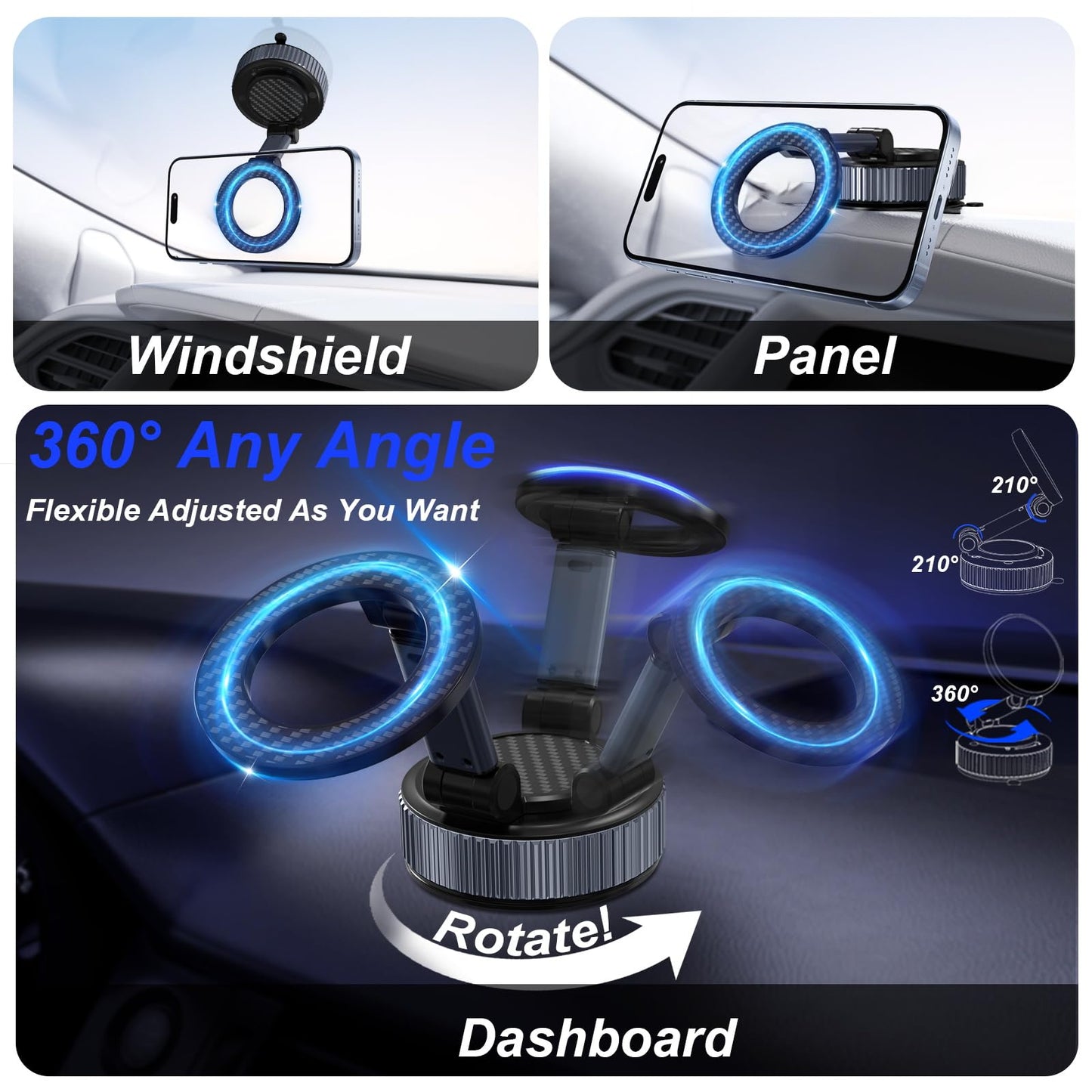 Magnetic Phone Charging Holder for Car - Upgraded 360° Vacuum Magnetic Phone Holder, Foldable Retractable Suction Cup Car Phone Mount for Magsafe for Your Car/Gym/Mirror Mount for iPhone & Android