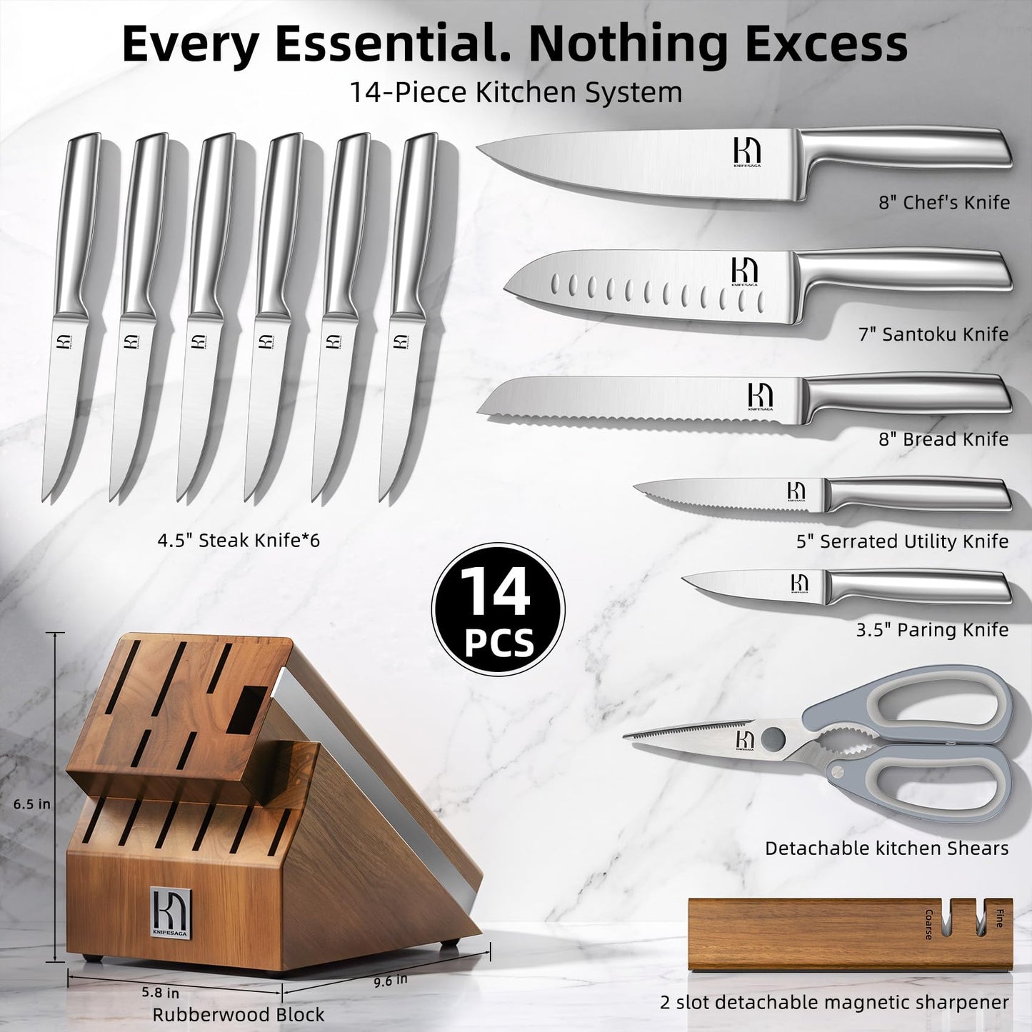 KnifeSaga Kitchen Knife Set with Block and Detachable 2-Stage Sharpener | 14-Piece Premium High Carbon Stainless Steel Knives with Ergonomic Anti-Slip Handle, Rubberwood Knife Block