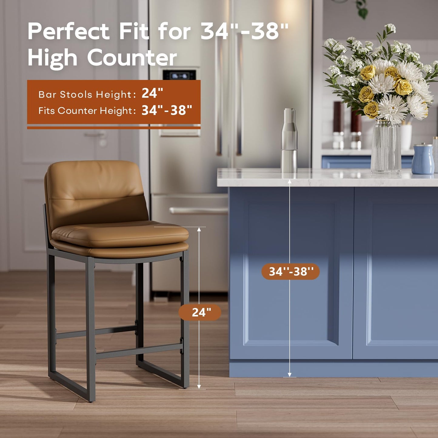 Sucrever Brown Bar Stools Set of 4, 24 inch Leather Counter Stools with Backs and Metal Frame, Counter Height Bar Stools for Kitchen Island