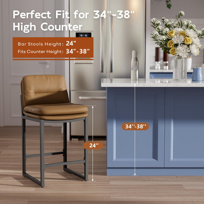 Sucrever Brown Bar Stools Set of 4, 24 inch Leather Counter Stools with Backs and Metal Frame, Counter Height Bar Stools for Kitchen Island