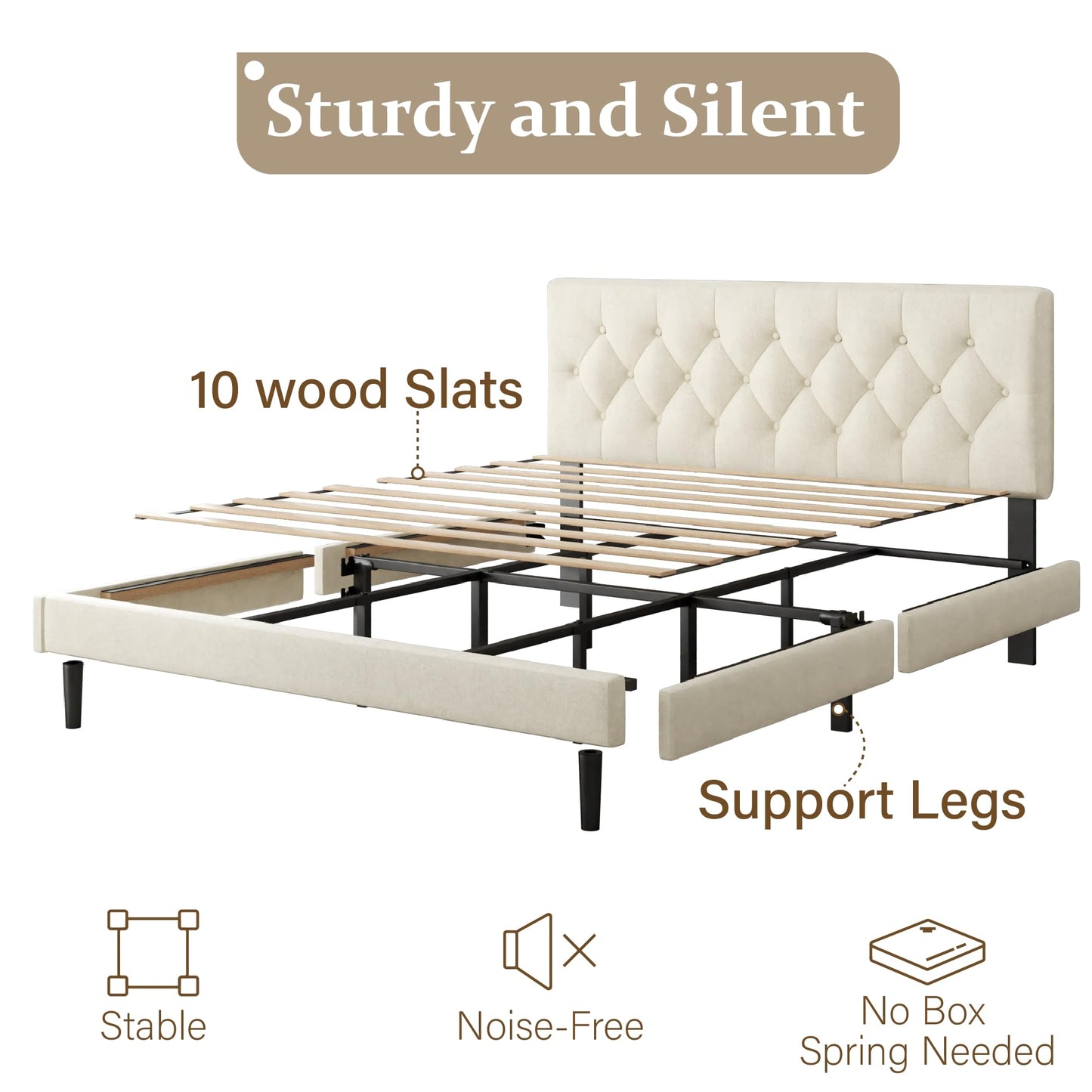 CXVX King Size Bed Frame with Upholstered Headboard, Button Tufted Design, Strong Wooden Slats, No Box Spring Needed, Easy Assembly, Noise Free