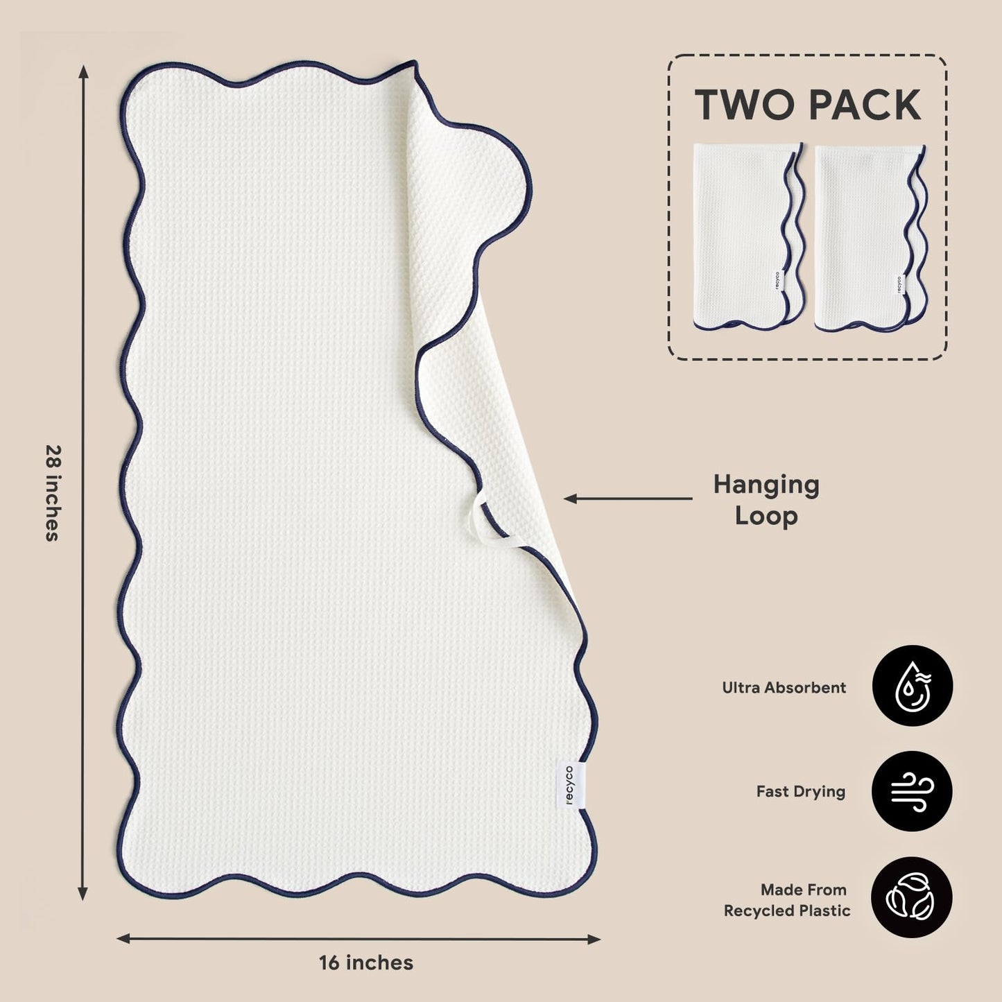RECYCO Waffle Kitchen Towel Set of 2 - Quick Dry Microfiber Sustainable Dish Towels - Ultra Absorbent Reusable Cleaning Tea Towels - Lightweight Hand Towels,16”x 28”, Navy Blue