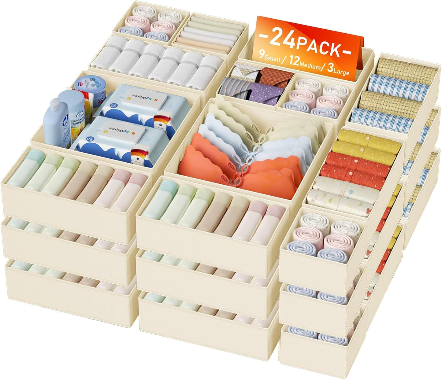 24 Pack Closet DIMJ Drawer Organizer Clothes - Foldable Baby Organizers and Storage Dresser Organizer for Bedroom