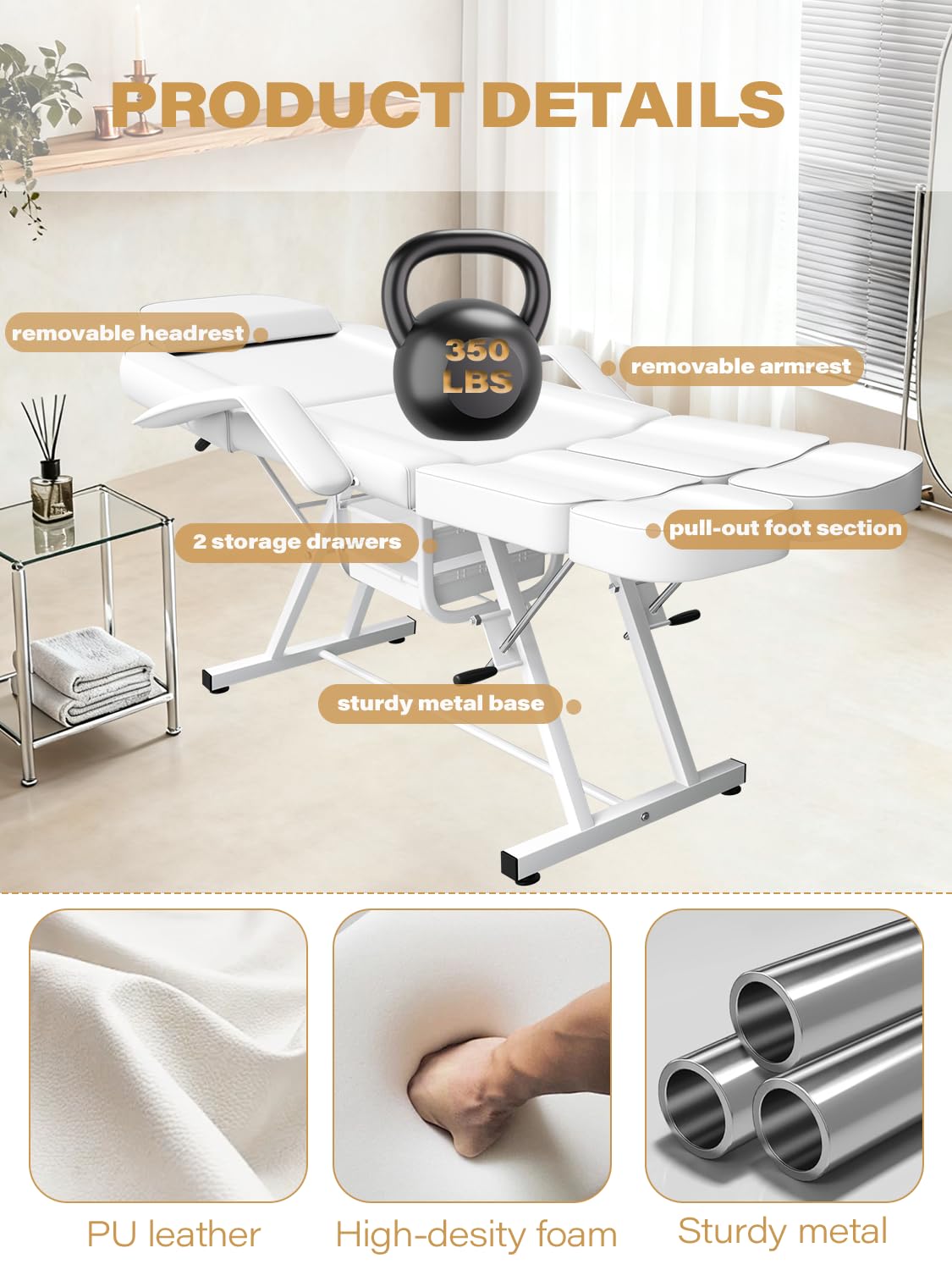 Facial Chair Tattoo Chair for Client, Facial Bed Esthetician Adjustable Massage Table with Headrest & 360° Rolling Stool, Split Legs Design, Lash Bed for Salon Spa Massage Equipment, Elegant White