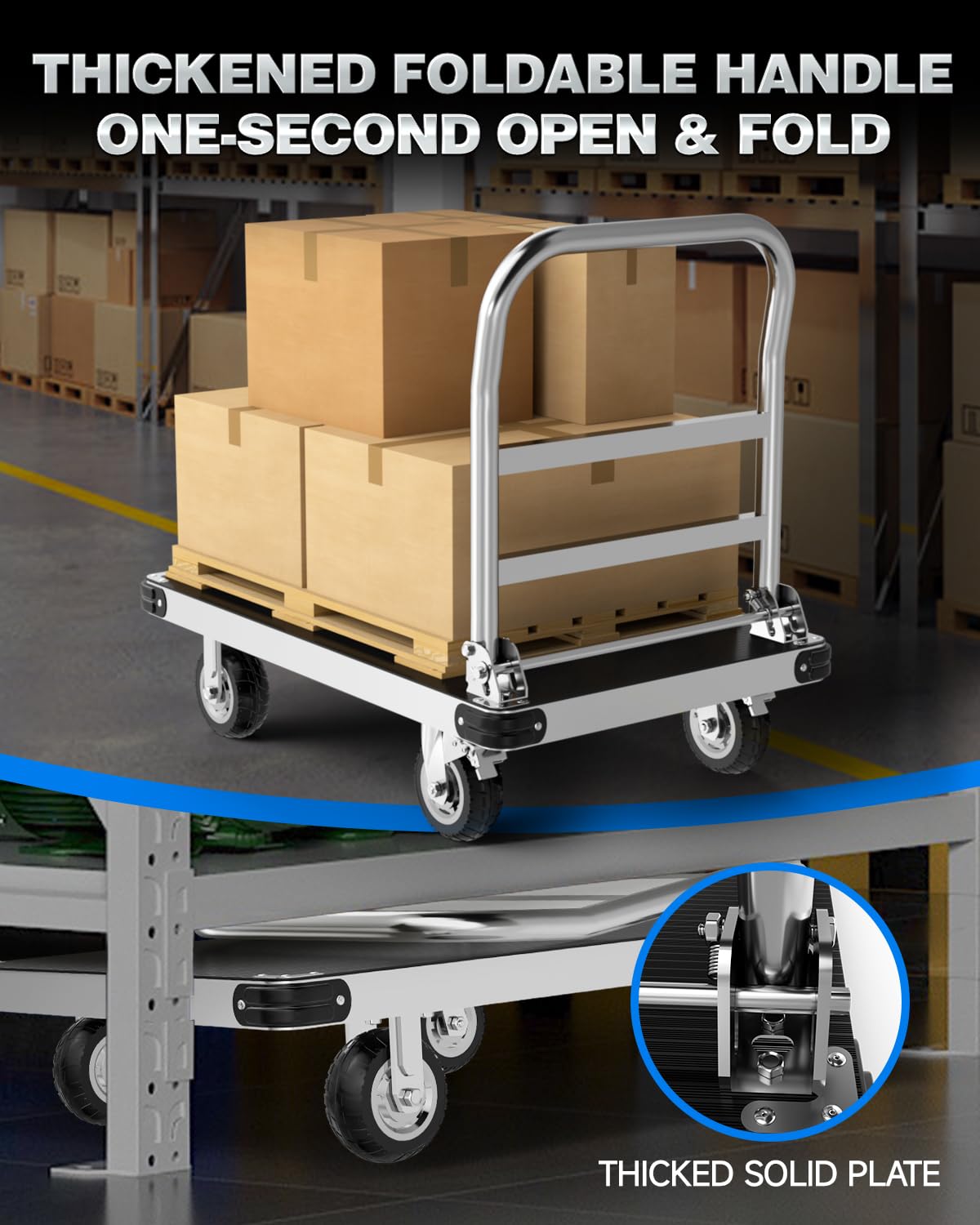 PHEXOD 2500 LBS Heavy Duty Platform Truck Cart 48" x 24", Extra Long Folding Flatbed Push Cart Dolly with Non-Slip Rubber Mat and 6" TPR Wheels for Warehouse Garage Moving Industrial Use