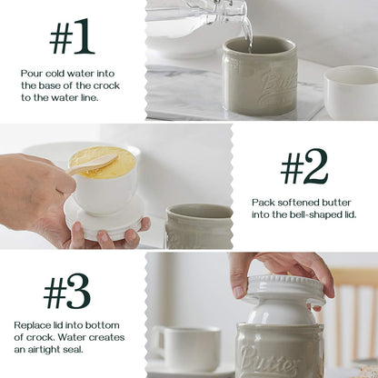 DOWAN Butter Dish, French Butter Crock With Lid for Spreadable Soft Butter, Porcelain Butter Keeper With Waterline for Counter, Embossed Butter Container Home Gift Kitchen Decor, Beige