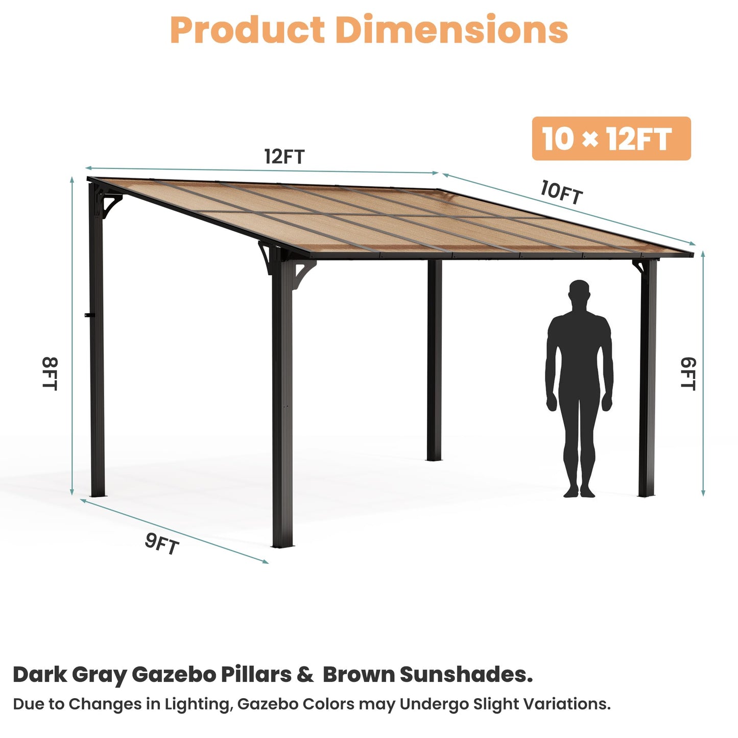 Pamapic 10x12FT Wall Mounted Gazebo, Hardtop Lean to Gazebo with Aluminum Frame & UV Resistant Polycarbonate Roof, Outdoor Patio Awning for Deck, Porch, Lawn & Backyard