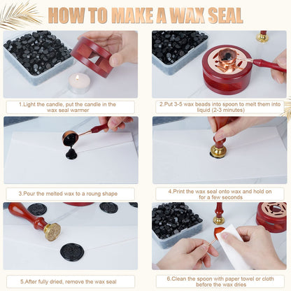 Yagugu Wax Seal Stamp Kit - 357Pc Set with Wax Beads, Stamp, Warmer, Spoon, Candles for Vintage Envelopes & Letters (Black)