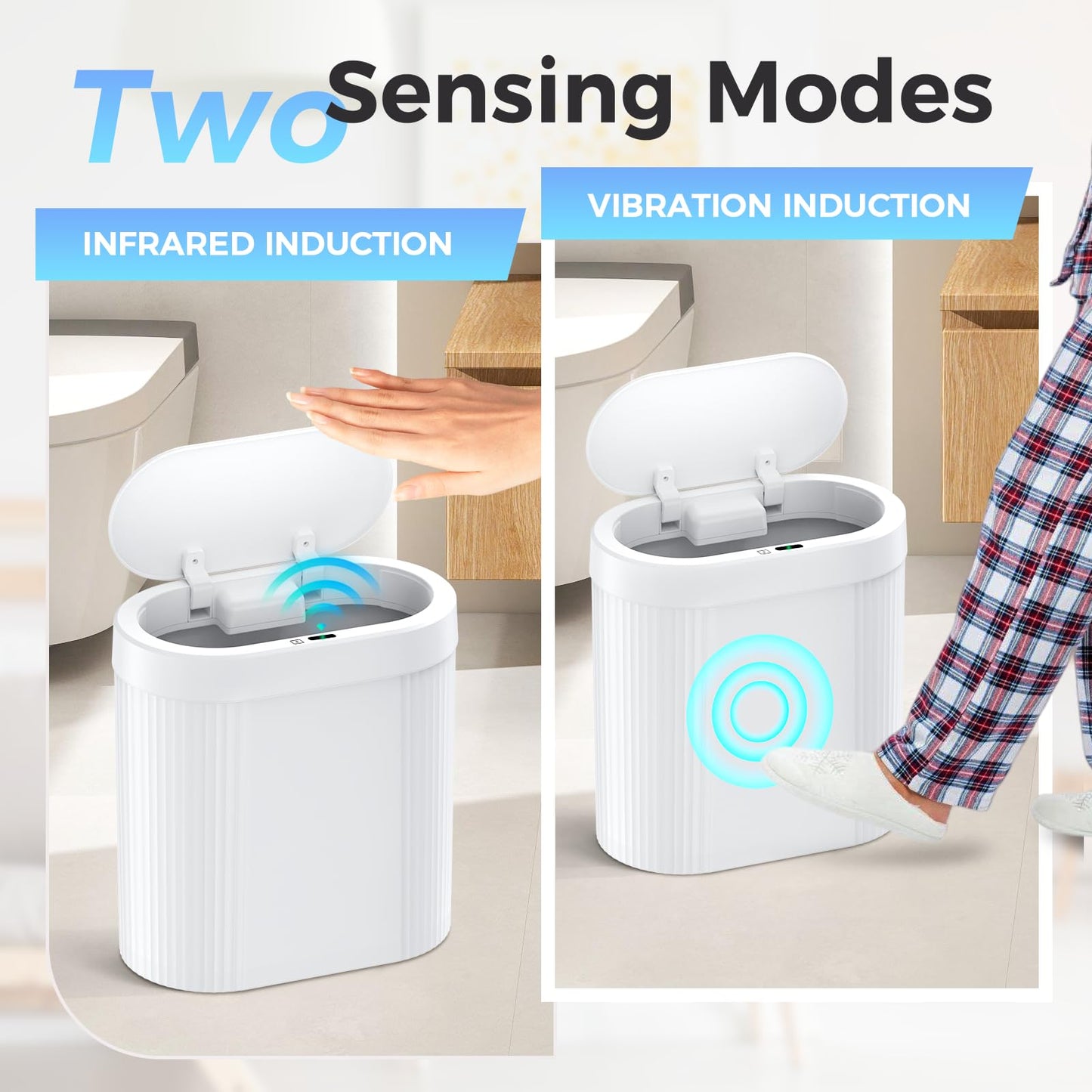 jinligogo 2 Pack 5 Gallon Bathroom Trash Can with Lid, Automatic Motion Sensor White Trash Can, Touchless Slim Waterproof Garbage Bin for Kitchen, Bedroom, Office, and Bathroom