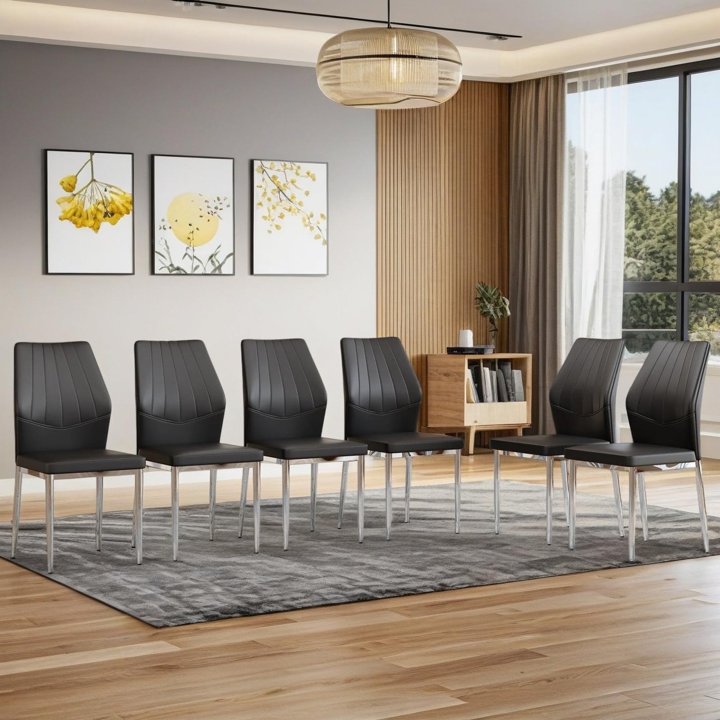 Trygoal Modern Dining Chairs Set of 6, 37" High Back Kitchen Chairs with Ergonomic PU Leather & Silver Metal Legs, Side Chairs with Adjustable Feet for Dining Room, Apartment, Black Silver