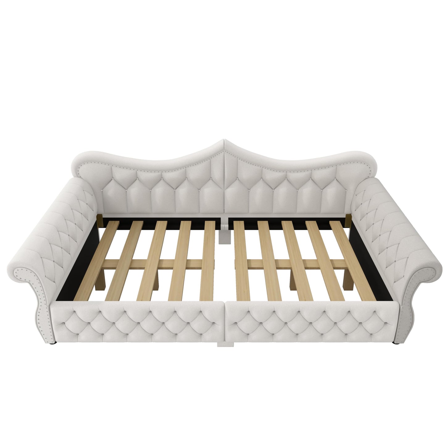 Merax Queen Size Upholstered Daybed with LED Lights, Convertible Sofa Bed, Tufted Daybed with Nailhead Trim, Wooden Frame Guest Bed for Living Room Bedroom, Beige