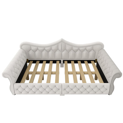 Merax Queen Size Upholstered Daybed with LED Lights, Convertible Sofa Bed, Tufted Daybed with Nailhead Trim, Wooden Frame Guest Bed for Living Room Bedroom, Beige