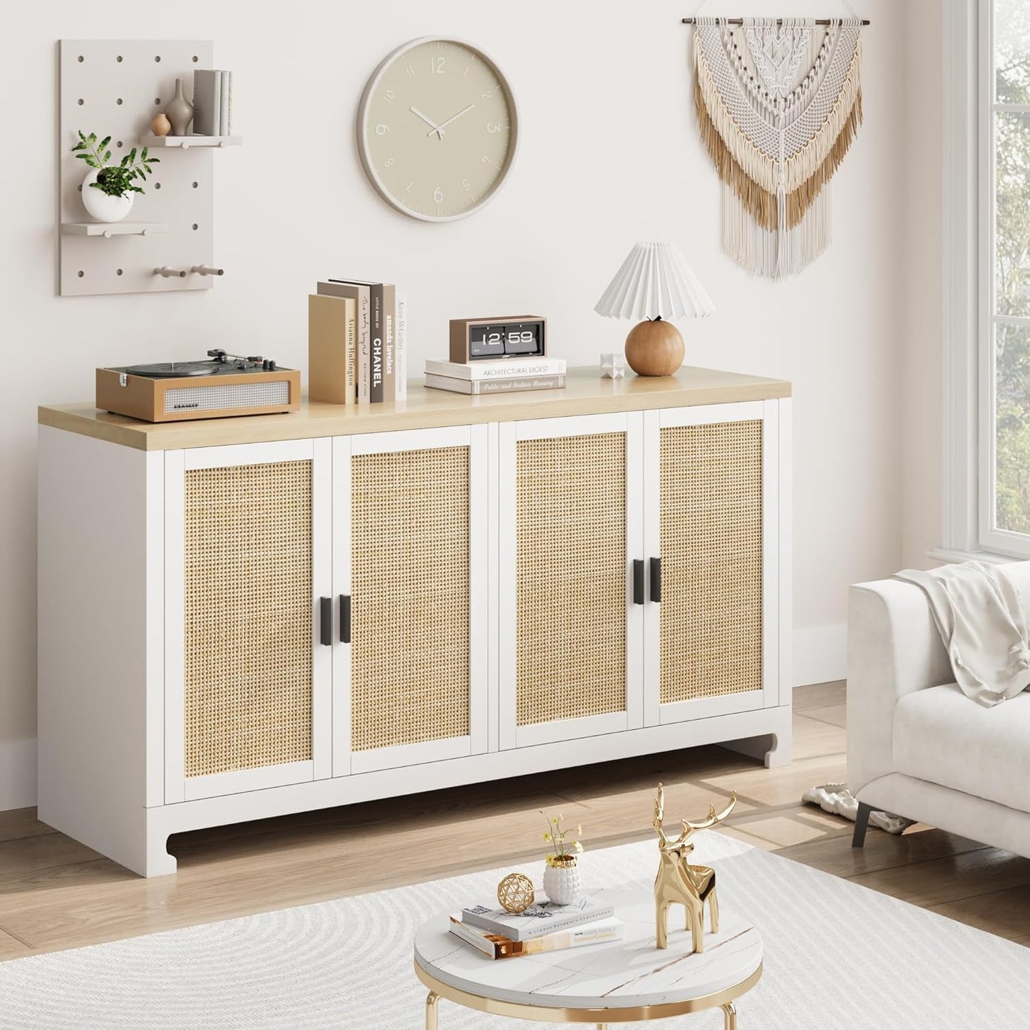 GarveeHome 60 in Farmhouse Rattan Buffet Cabinet - 4-Door Woven Storage Sideboard with Adjustable Shelves, Kitchen Console Table for Dining Room & Living Room Entryway (White & Brown)