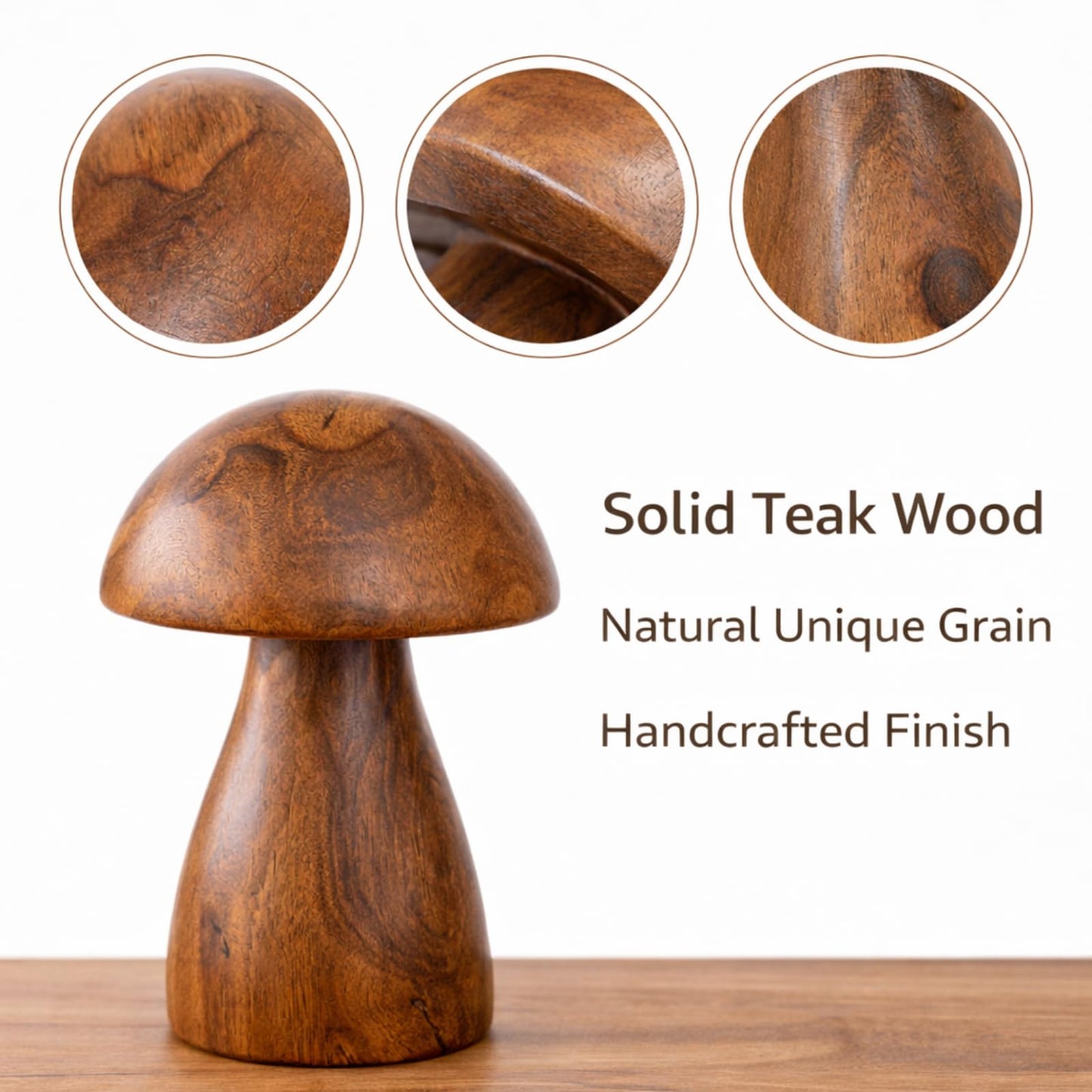 JOLLYMER Handmade Teak Wood Mushroom Decor Statue, Rustic Wooden Sculpture Accent for Living Room, Boho Tabletop Figurine, Natural Solid Wood Home Decoration for Indoor