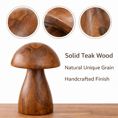 JOLLYMER Handmade Teak Wood Mushroom Decor Statue, Rustic Wooden Sculpture Accent for Living Room, Boho Tabletop Figurine, Natural Solid Wood Home Decoration for Indoor
