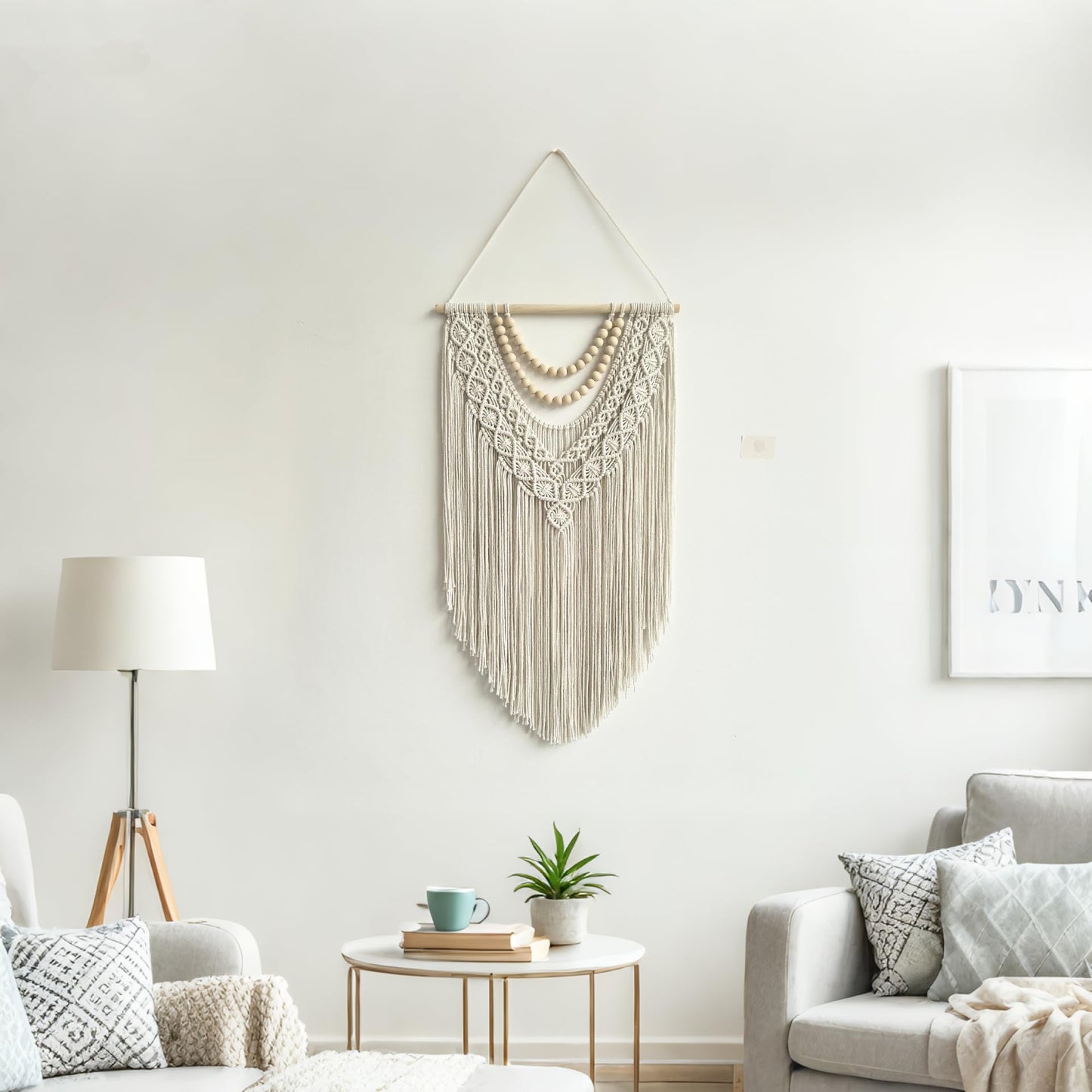 guzhiou Macrame Wall Hanging Boho Geometric Woven Tapestry Cotton Handmade Bohemian Art Decor with Wood Bead Wall Decor for Bedroom Living Room Apartment Nursery 31.5" L x 17" W (Wood bead-B)
