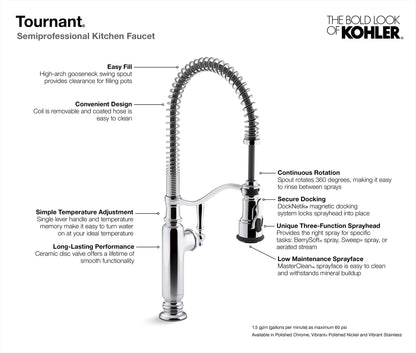 KOHLER Tournant Semi-Professional Pull-Down Kitchen Sink Faucet, Commercial Kitchen Faucet with Pull Down Sprayer, 77515-CP, Polished Chrome