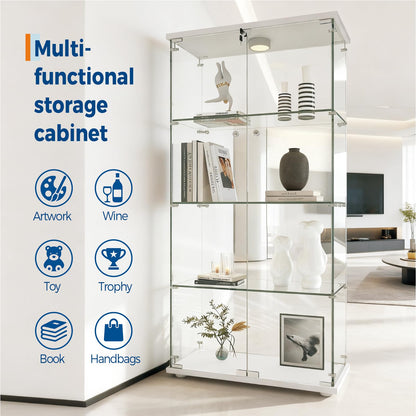 IDEALHOUSE Tempered Glass Display Cabinet with LED Light, 4 Shelves Lockable Curio Showcase, Double Doors Storage Cabinet for Living Room Bedroom Office, White (64x31.7x14.3 in)