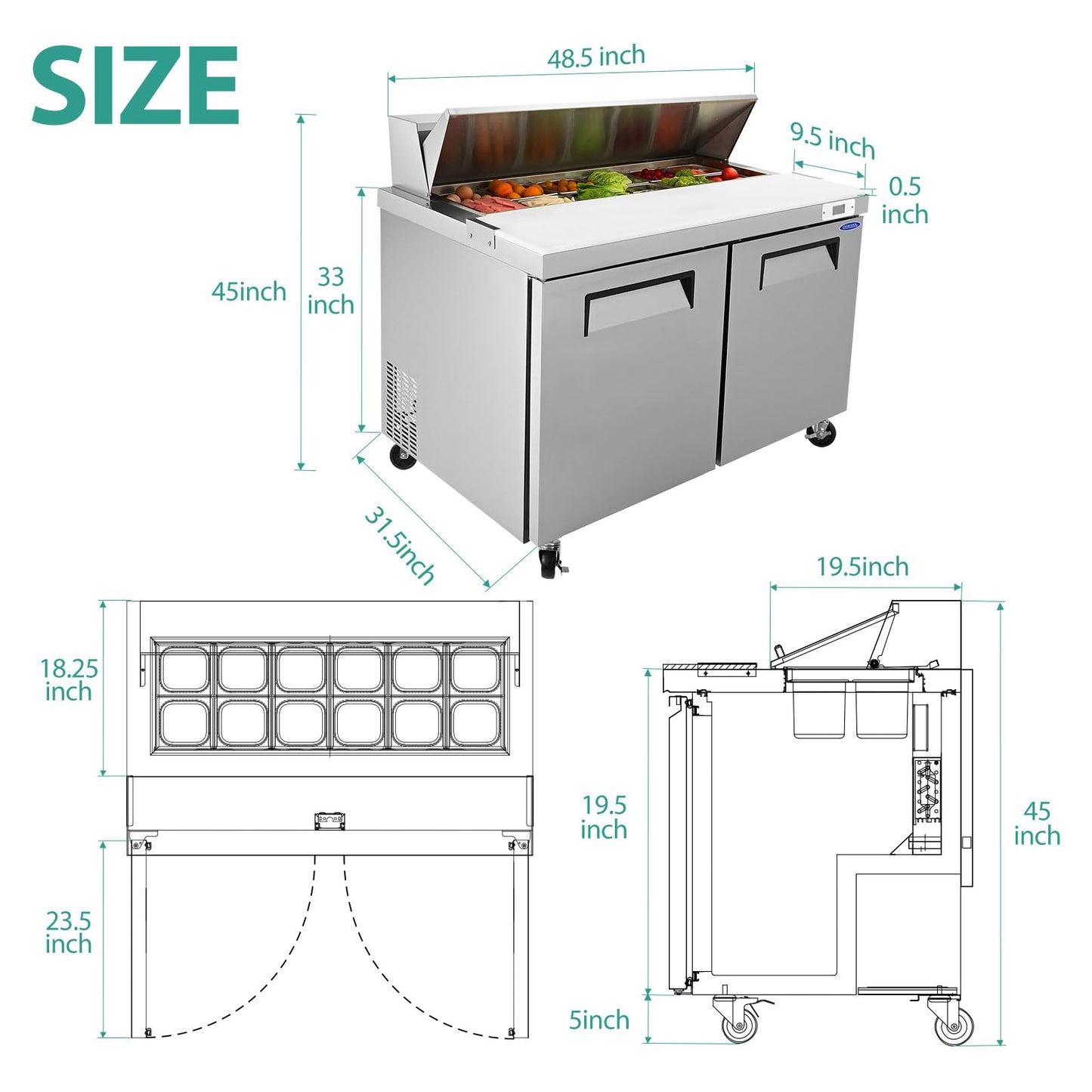 ORIKOOL 48" Commercial Sandwich Prep Table Refrigerator - 2 Door Stainless Steel Fright, 14 Cu.Ft Capacity, Low Noise, Adjustable Shelves, Auto Defrost, Digital Temp Control