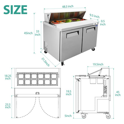 ORIKOOL 48" Commercial Sandwich Prep Table Refrigerator - 2 Door Stainless Steel Fright, 14 Cu.Ft Capacity, Low Noise, Adjustable Shelves, Auto Defrost, Digital Temp Control