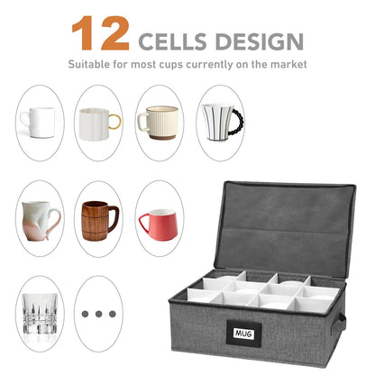 HURZMORO Mug Storage Box with 12 Compartments, Gray Hard Shell Container, Padded Dividers, Dual Handles, Zipper Lid for Coffee Cup Organization and Moving (1, Coffee Cup Storage Box)