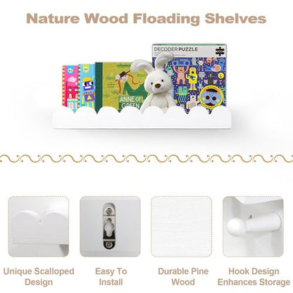 Iswabard Floating Nursery Book Shelves with Hooks-Scalloped Wall Book Shelves for Bedroom Kids Set of 3, Nursery Furniture Must Have, 16 Inch, White