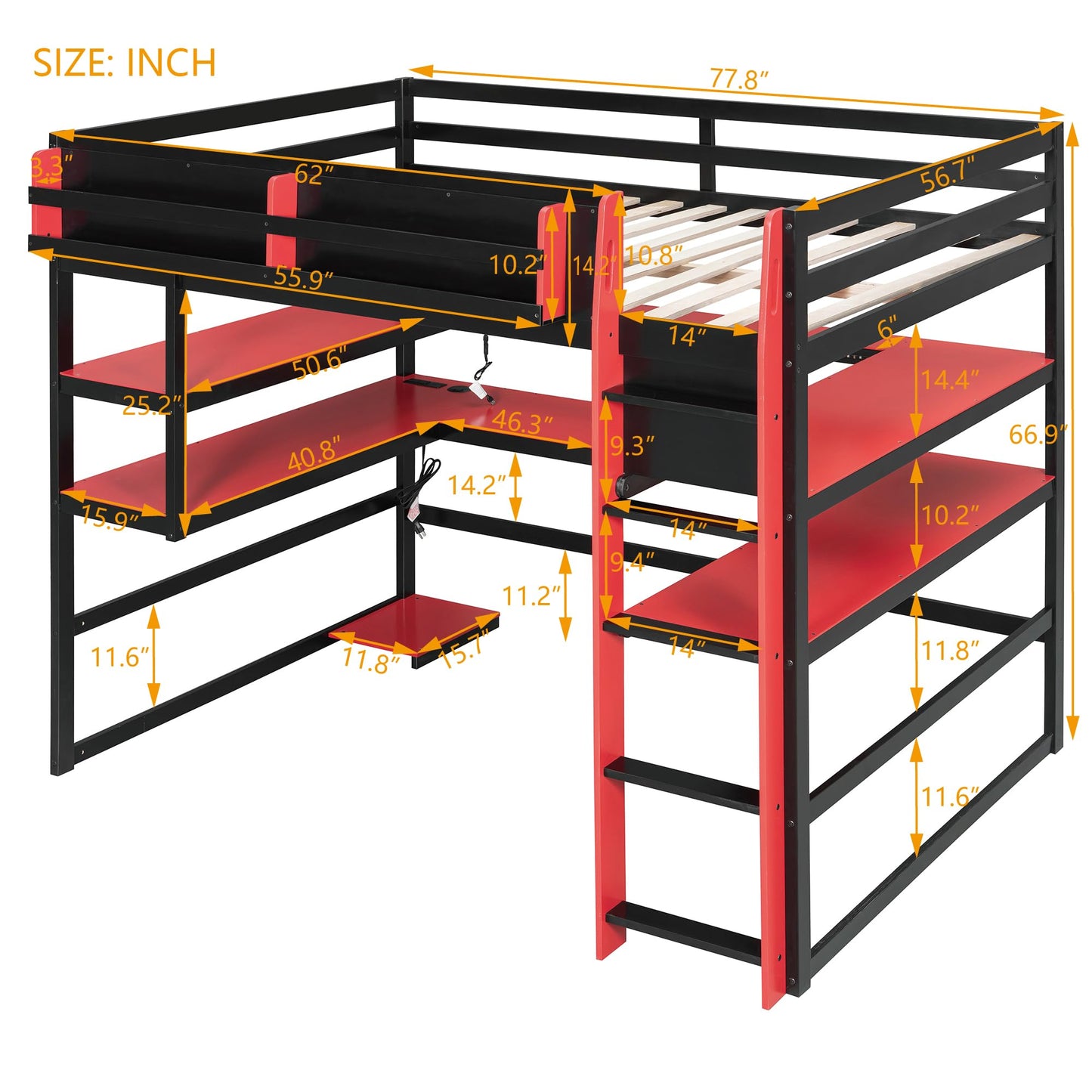 DNYN Gaming Loft Bed with Built-in Desk and Storage Shelves for Teens/Adults Bedroom, Space-Saving Full Size Wooden Bed Frame with LED & Side Race, No Box Spring Needed