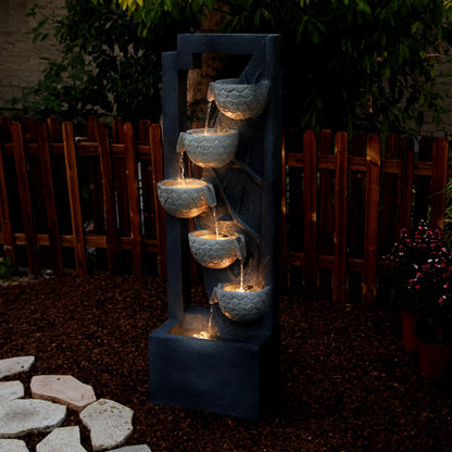 49.61’’H Waterfall Garden Fountain Outdoor 6-Tiered Modern Floor Standing Water Fall Fountains Indoor Cascading Bowl Water Feature with LED Lights Natural Stones for Living Room Office Home Decor