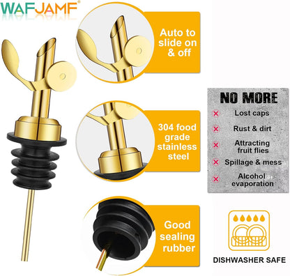 1 Wine(Gold-6Pcs) WAFJAMF Weighted Stainless Steel Bottle Pourers, Auto Flip Feature Self Closing Olive Oil Dispenser