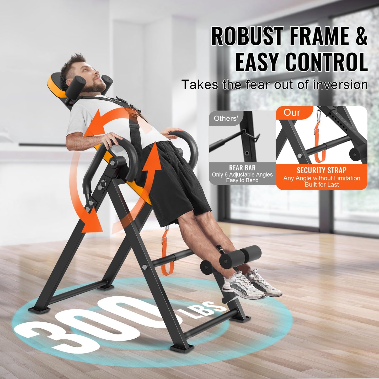 Happybuy Inversion Table, 300lbs Capacity Heavy Duty Decompression Back Stretcher, Strength Training Equipment with Headrest, Ankle Lock & Adjustable Protective Belt, Orange/Black