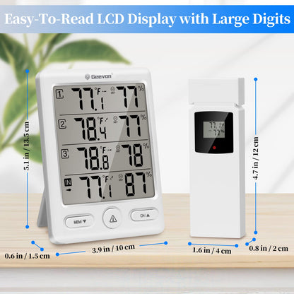 Geevon Indoor Outdoor Thermometer Wireless with 3 Remote Sensors, Digital Hygrometer Thermometer, Wireless Temperature Humidity Monitor Gauge with 200FT/60M Range (Black)